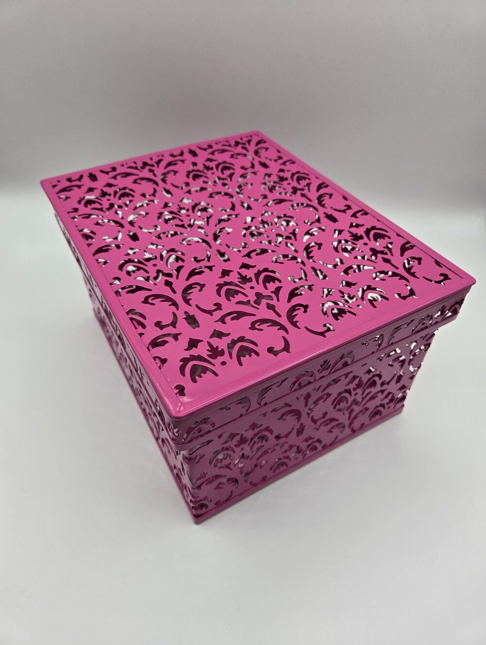 Pink Metal Filligree Cut-out Hinged Multipurpose Storage Box Wedding Cards Gift
